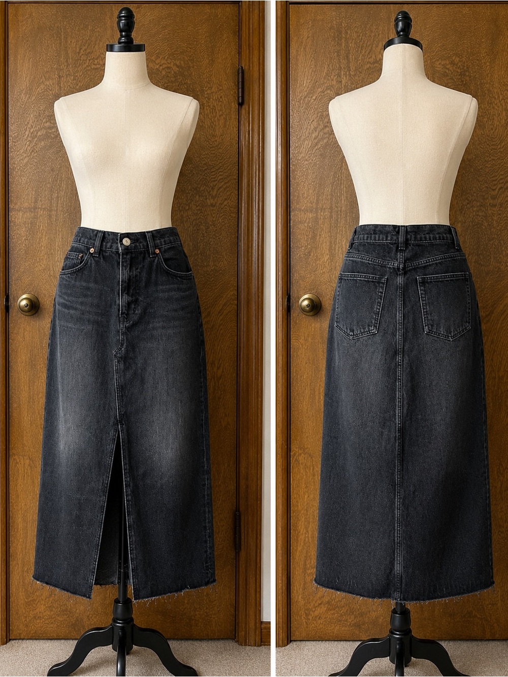 Reformation Skirt Black Denim Maxi Size 31 Front Slit Raw Hem Western Grunge